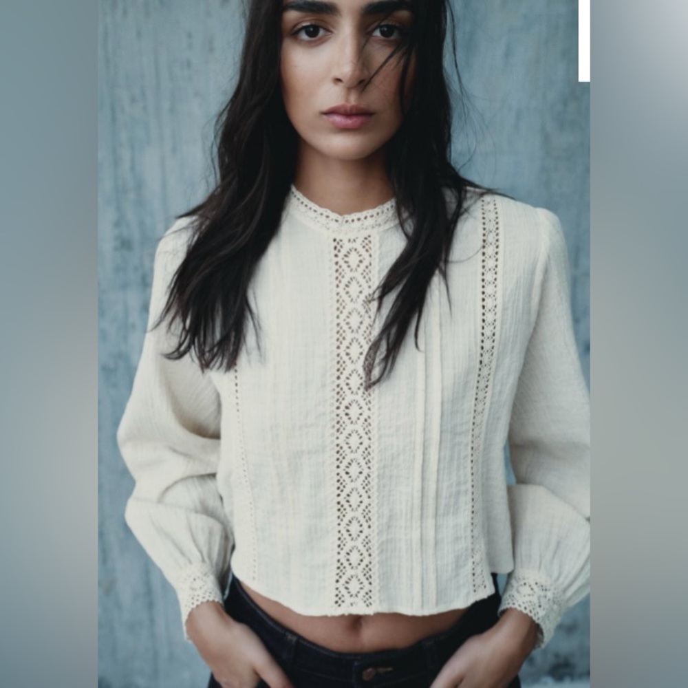 Zara Cream Lace-Trim Long-Sleeve Blouse